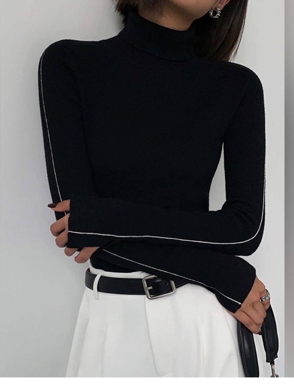 COMMENSE Contrast Piping Turtleneck Sweater Top Size M Navy NWT Chic Preppy 90s